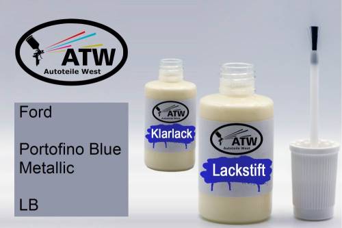 Ford, Portofino Blue Metallic, LB: 20ml Lackstift + 20ml Klarlack - Set, von ATW Autoteile West.